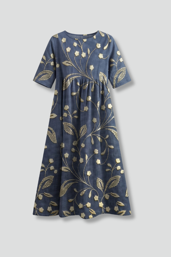 Elegant women's floral midi dress with round neck, short sleeves & flared skirt for summer fashion.