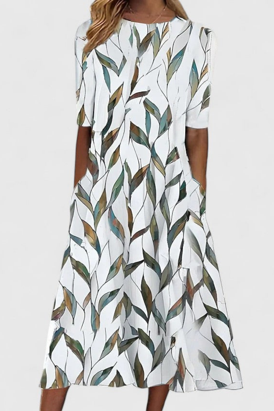 Versatile women's floral print midi dress. Elegant round-neck, short-sleeve A-line with pockets for casual or day wear.