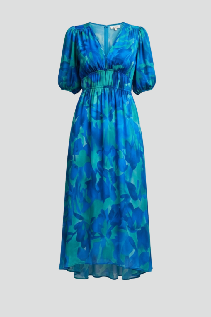 Elegant women's floral midi dress with stylish puff sleeves. Perfect for spring & summer events.