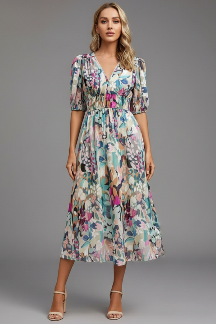 Sophisticated women's floral midi day dress with elegant puff sleeves and a comfortable fit.