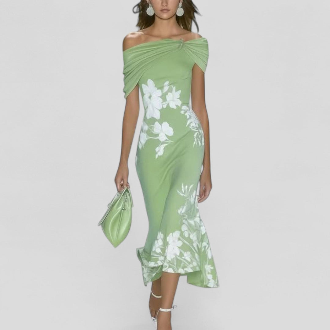 Elegant women's floral off-shoulder bodycon midi dress, perfect for wedding guests or summer parties. Flattering fit.