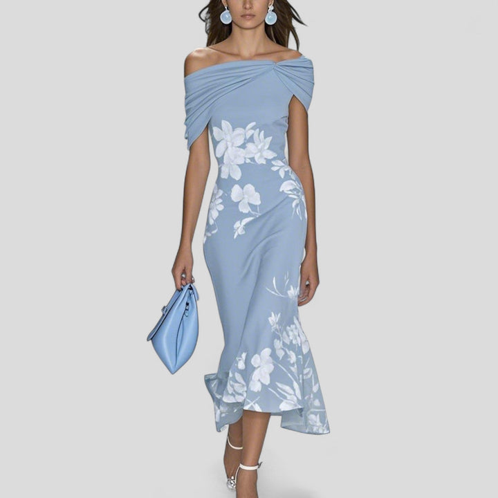 Stylish floral off-shoulder midi dress for women. Bodycon silhouette, ideal for formal events, parties, and summer fashion.