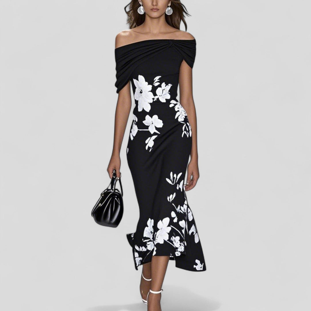 Women's elegant floral off-shoulder bodycon midi dress. Chic wedding guest attire, perfect for formal summer occasions.