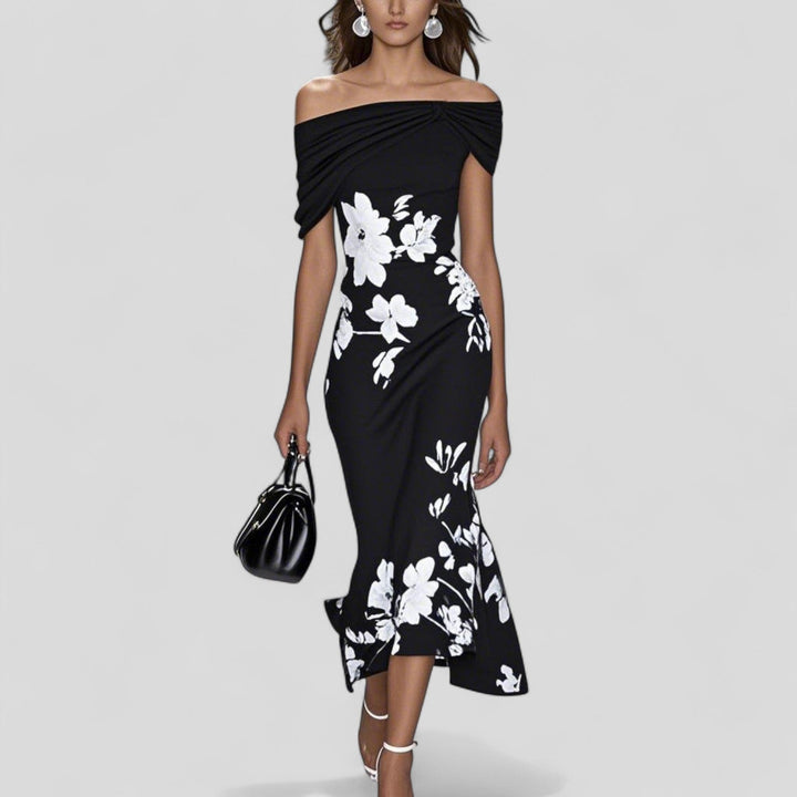 Women's elegant floral off-shoulder bodycon midi dress. Chic wedding guest attire, perfect for formal summer occasions.