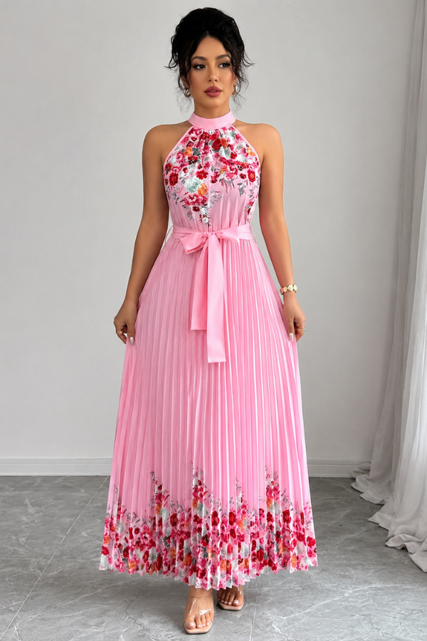 Elegant women's floral pleated square neck midi dress. Perfect for summer, vacation, or parties.