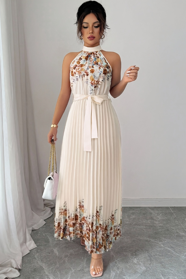 Chic women's floral square neck midi dress, showing off its elegant pleats and comfortable fit.