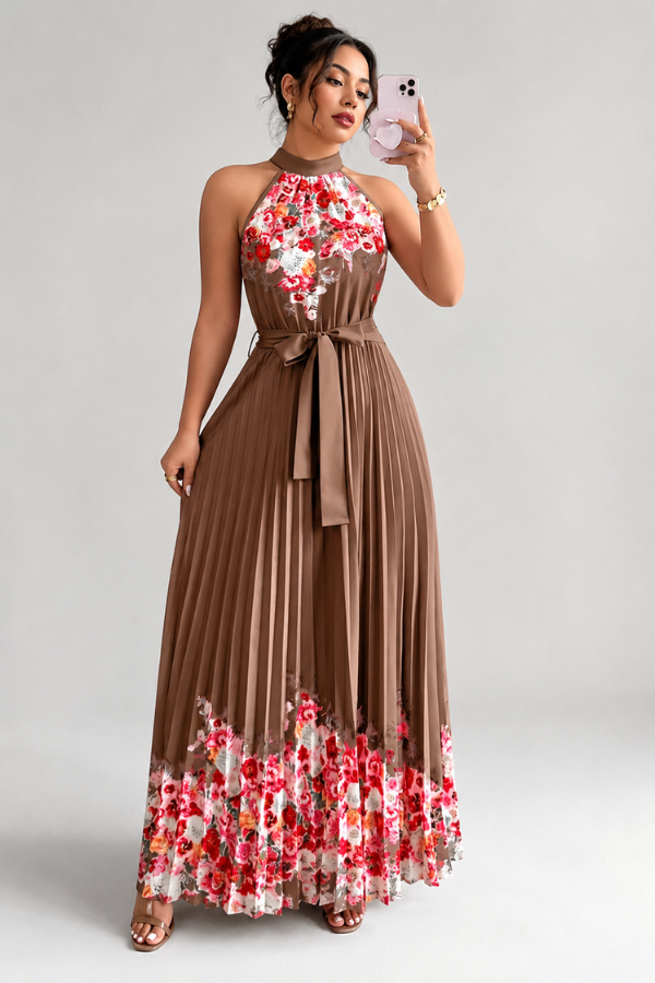 Versatile women's floral midi dress with a square neck & pleats. Suitable for casual, party, vacation.