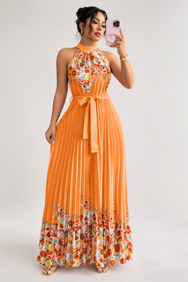 Focus on the flattering pleated waistline of the elegant floral square neck midi dress for women.