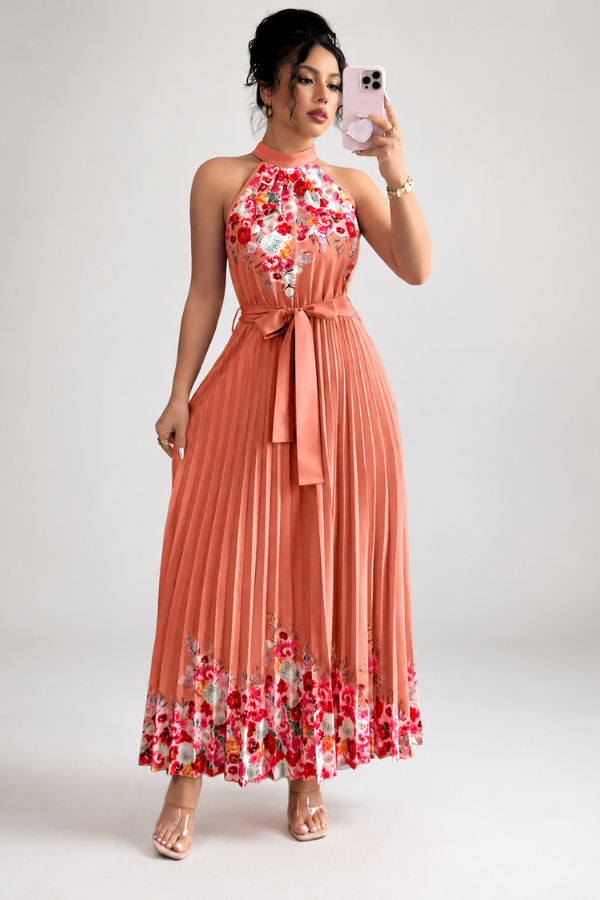 Comfortable & stylish women's summer midi dress. Elegant floral print, square neck, and pleated skirt.