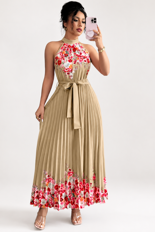 Full, voluminous skirt of a women's elegant floral pleated square neck midi dress. Perfect for movement.
