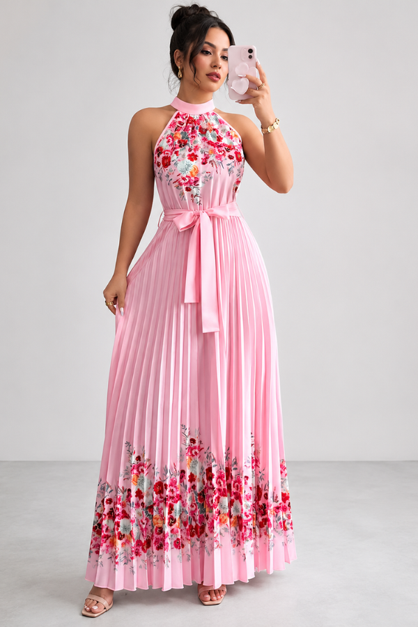 Women's elegant floral print midi dress with square neck & pleated skirt. Ideal for casual or party wear.