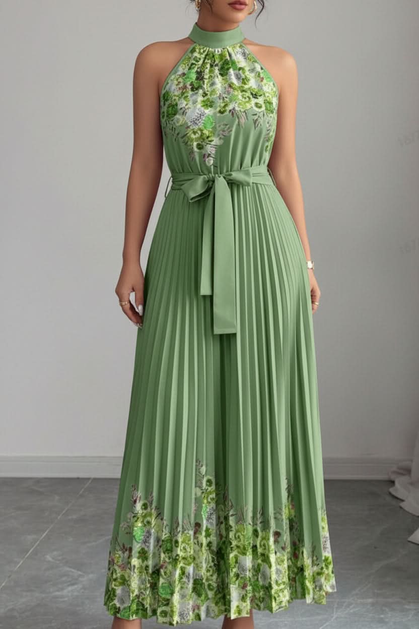 Elegant women's floral pleated square neck midi dress styled with accessories. Ready for any event.
