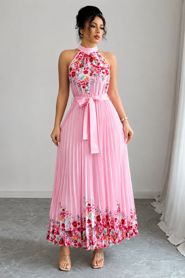 Stylish floral pleated midi dress for women featuring a chic square neckline. Great summer vacation outfit.