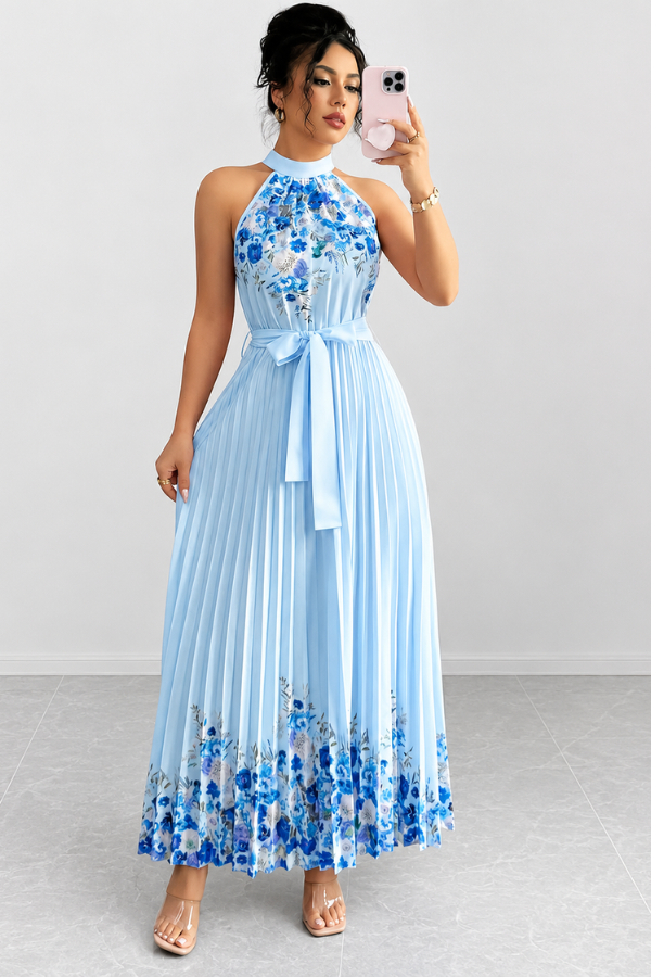 Close-up of the elegant square neck and delicate floral print on a women's midi dress.