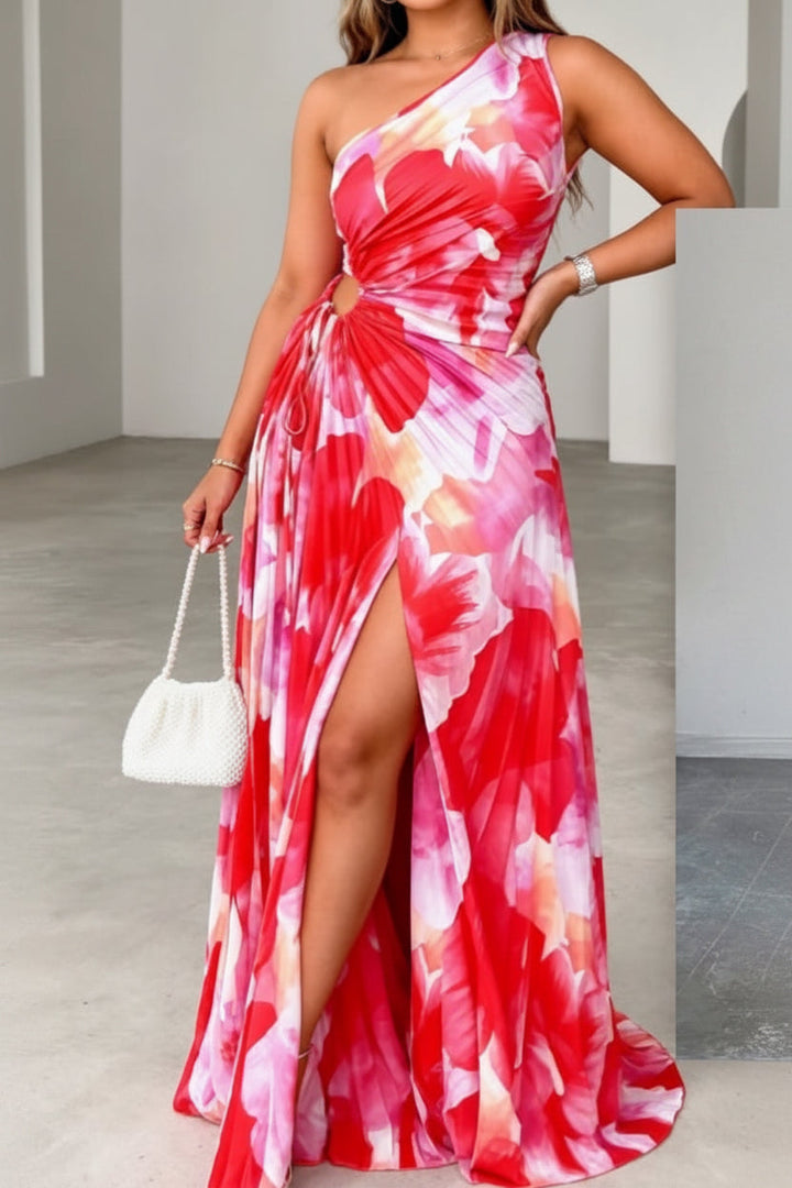 Elegant women's floral print maxi dress with halter neck and stylish keyhole detail, perfect for summer vacations.
