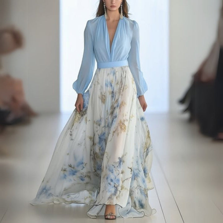 Elegant women's floral print V-neck maxi dress, perfect for summer casual wear or vacation