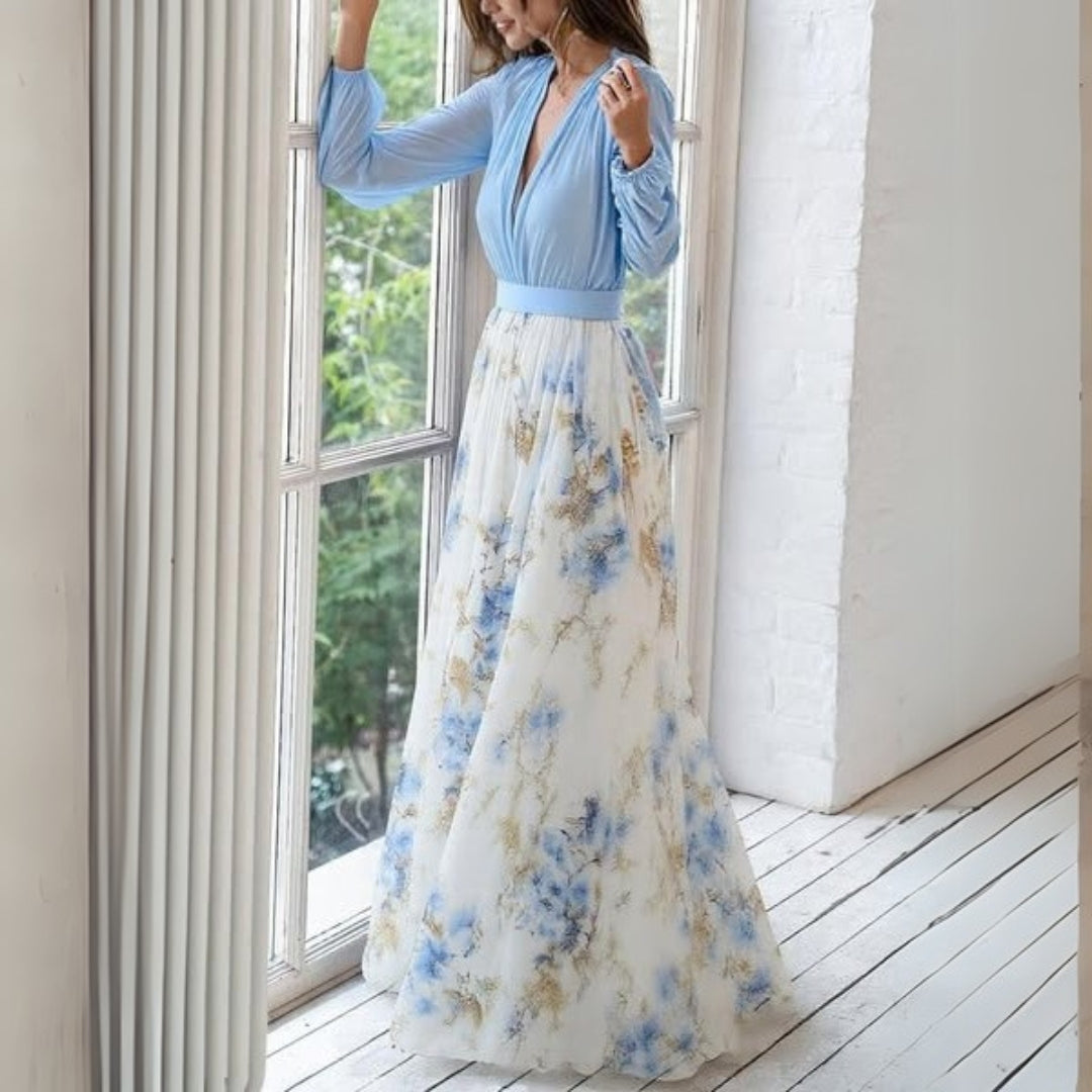Women's summer floral maxi dress with V-neckline, offering an elegant and comfortable casual look