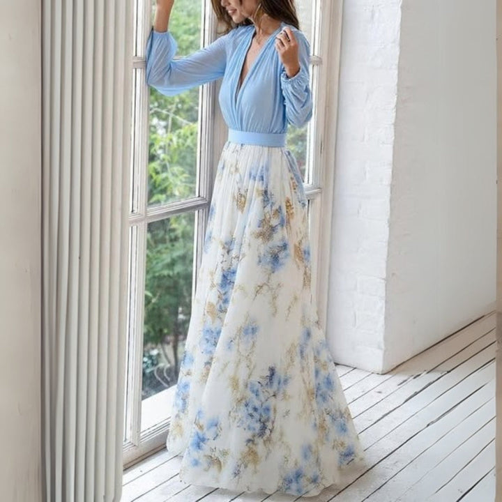 Women's summer floral maxi dress with V-neckline, offering an elegant and comfortable casual look