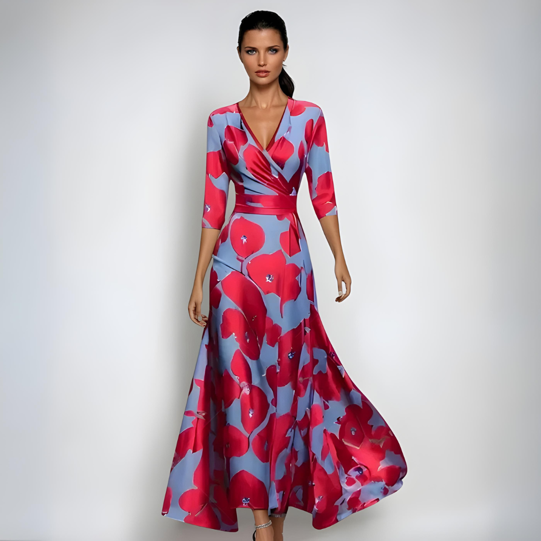 Elegant women's floral print V-neck wrap maxi dress with 3/4 sleeves, perfect for special occasions & parties.