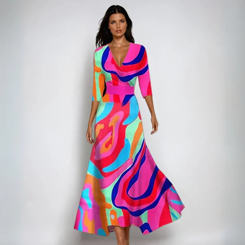 Fashionable women's long floral print wrap dress with V-neckline & 3/4 sleeves, a versatile elegant choice.