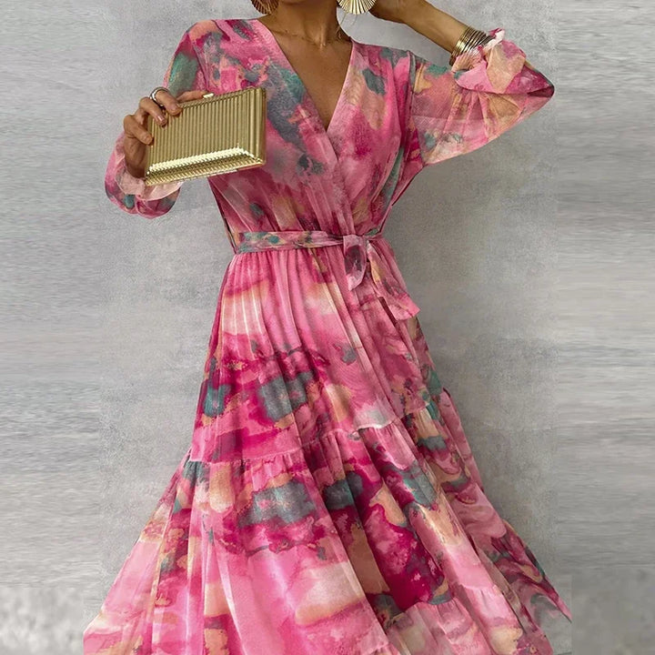 Stylish women's long sleeve floral wrap maxi dress with a flattering V-neck, ideal for elegant events & summer wear.