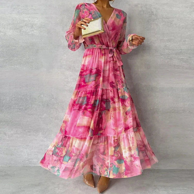 Comfortable women's floral V-neck wrap maxi dress with elegant long sleeves, perfect for stylish summer gatherings.