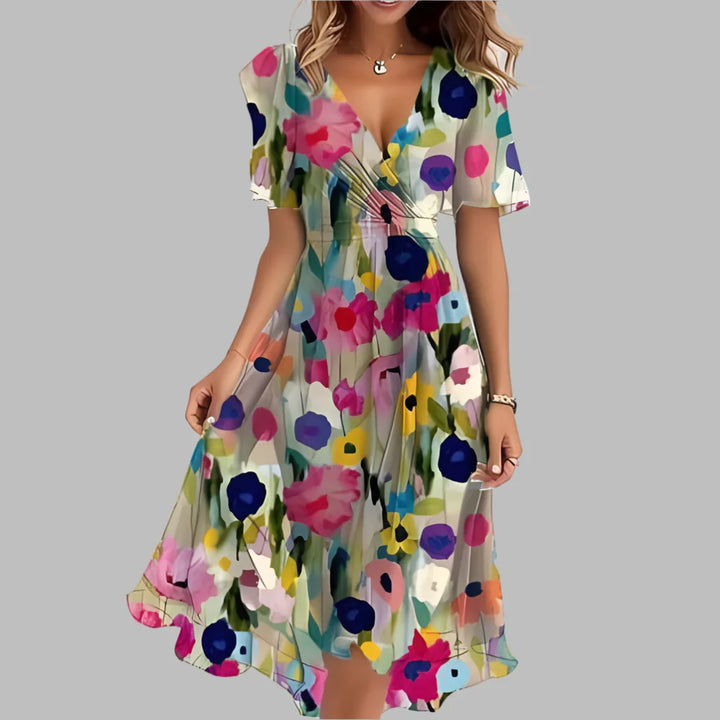 Flattering women's floral print midi dress with ruched detailing and a sweetheart neckline for elegant events.