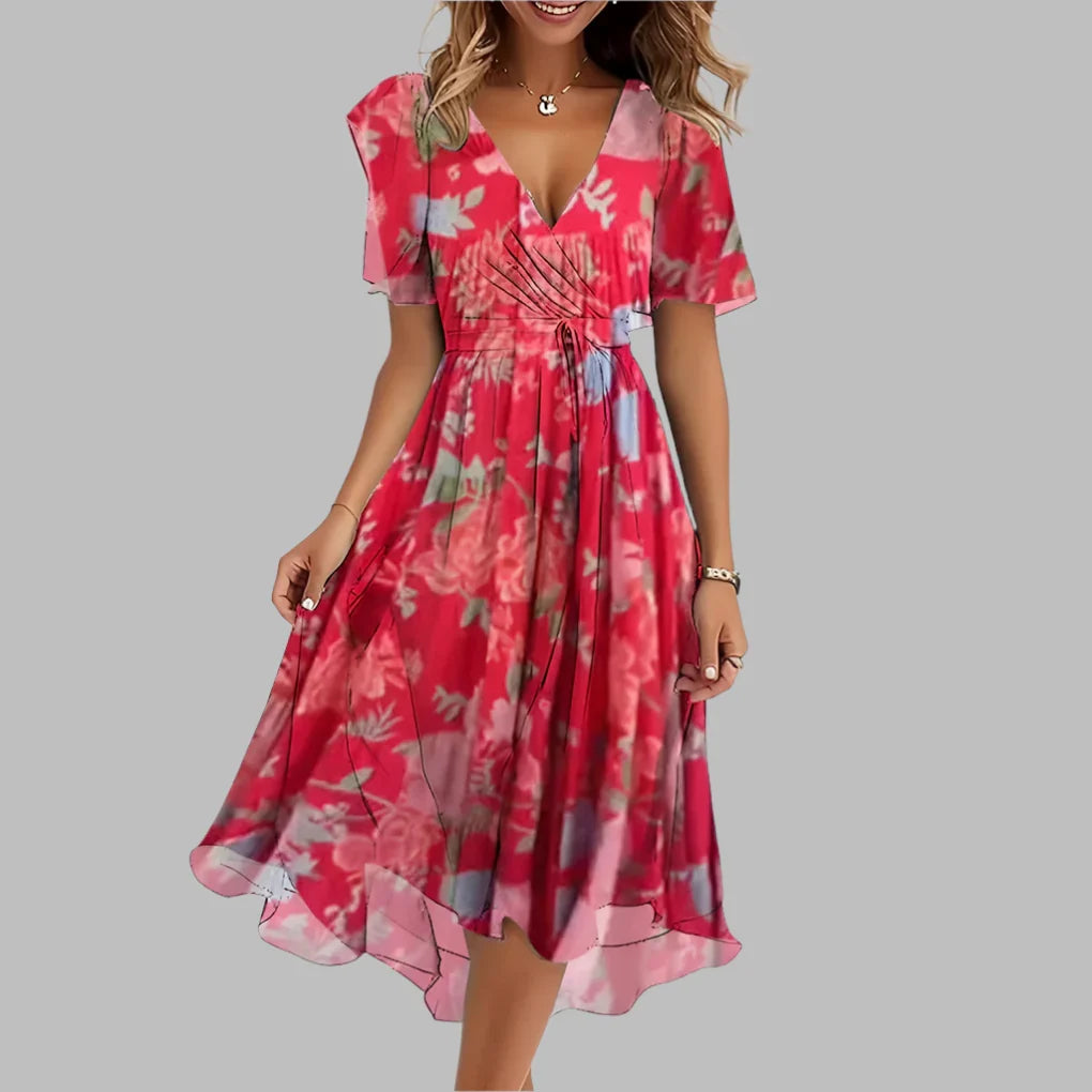 Women's elegant floral midi dress featuring chic puff sleeves and a flattering ruched design, perfect for summer.