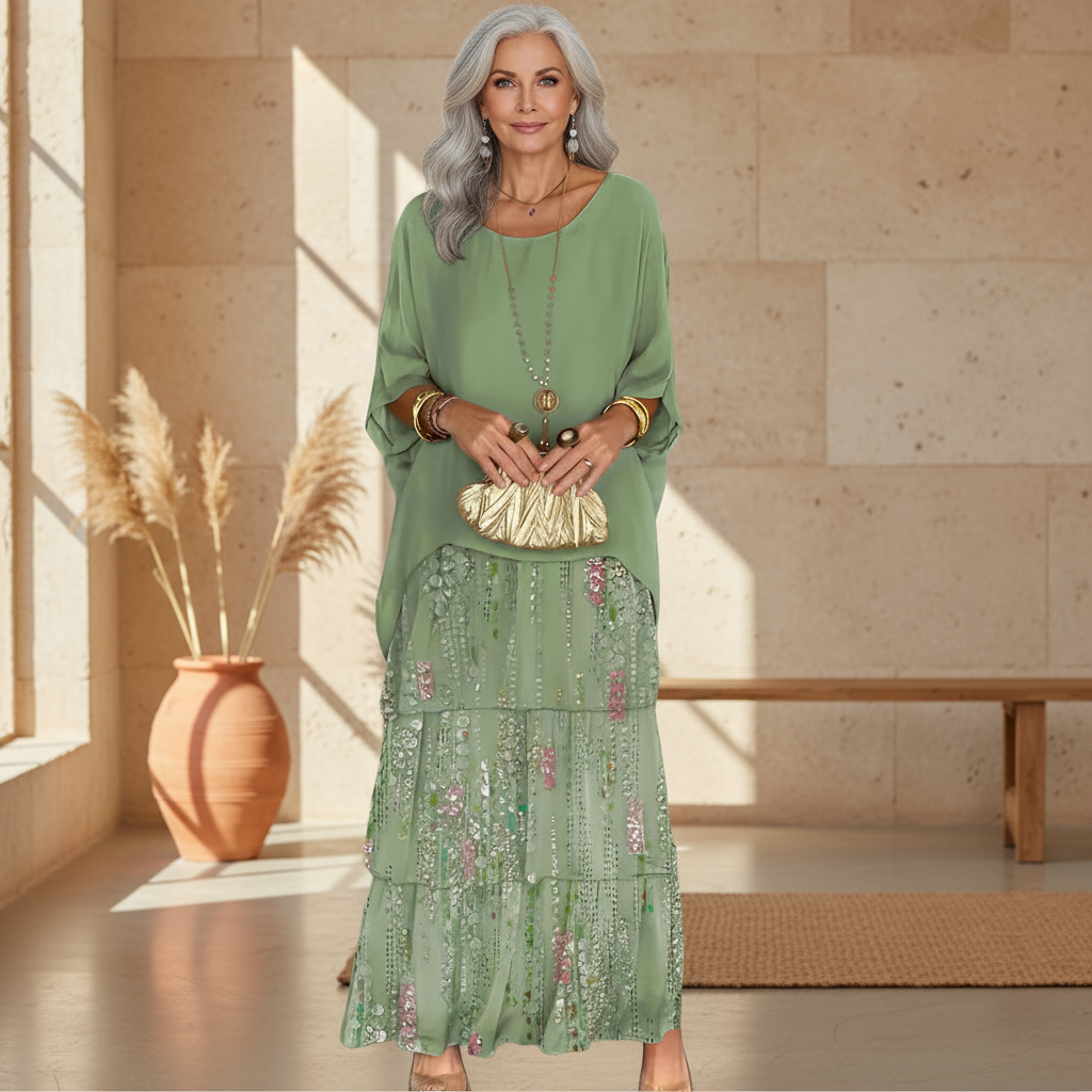 Elegant women's floral sequin tiered boho maxi dress. Perfect summer occasion or wedding guest outfit.