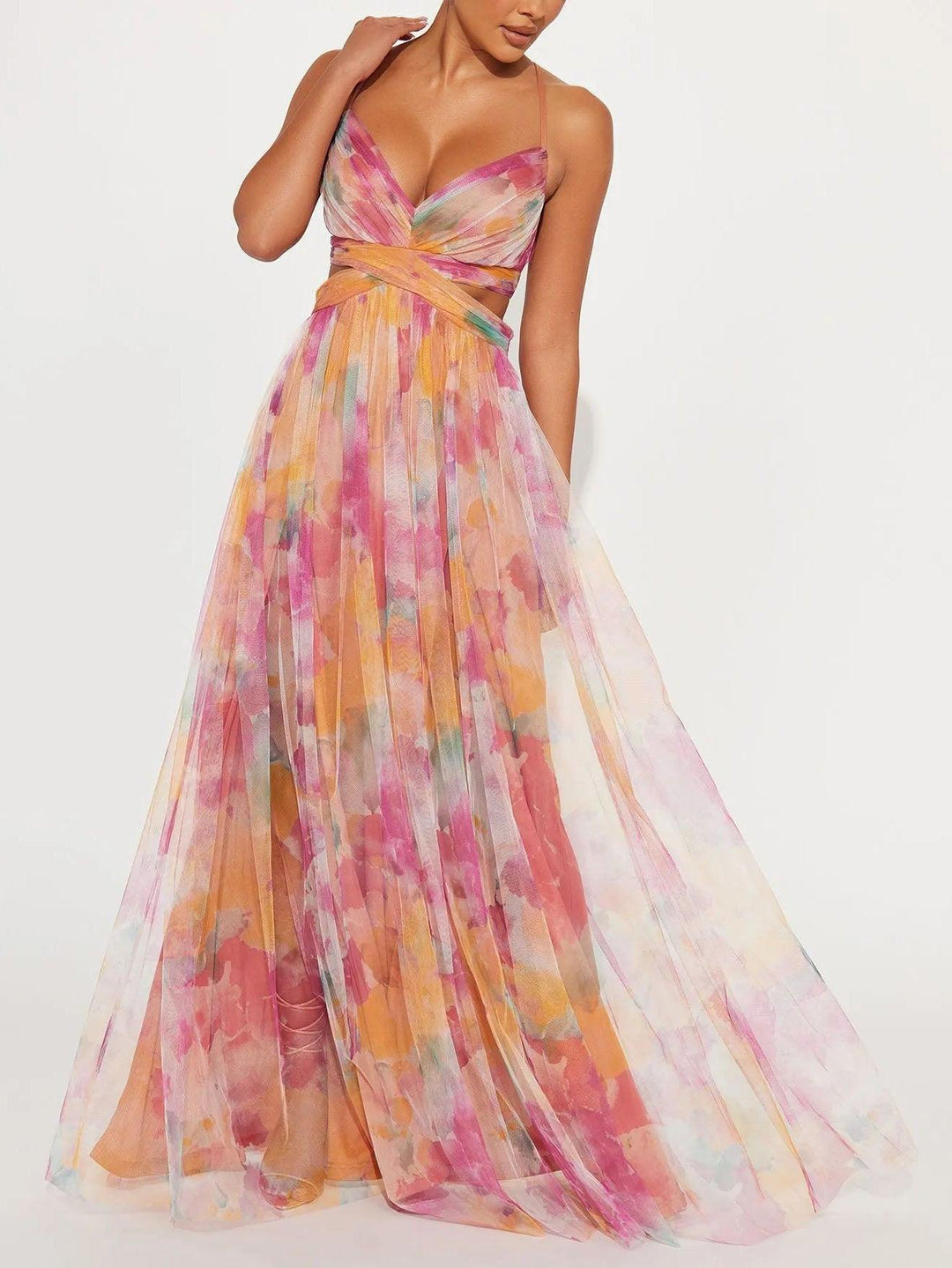 Close-up of the V-neck and vibrant floral pattern on an elegant women's sleeveless maxi dress.