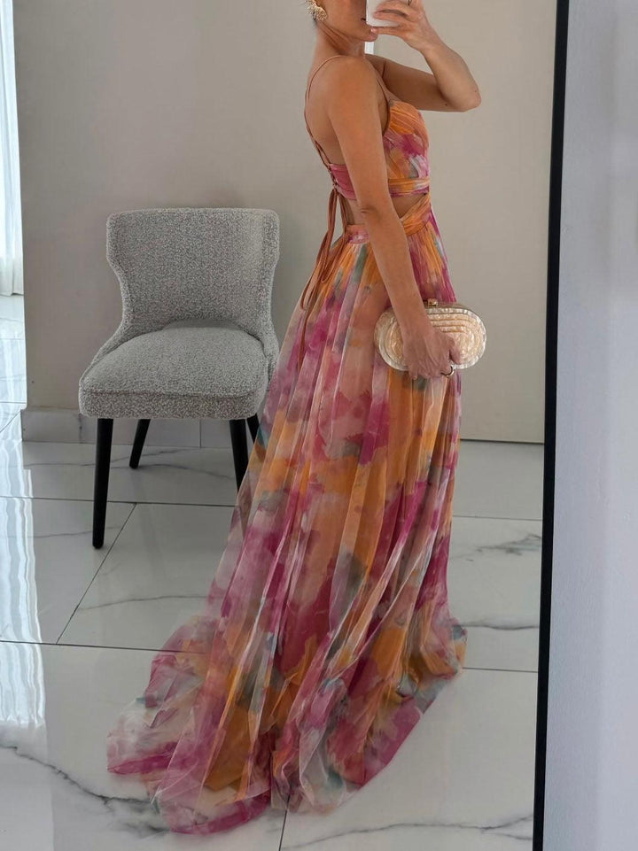 Chic women's floral maxi dress, sleeveless V-neck, elegant A-line for summer events and party fashion.