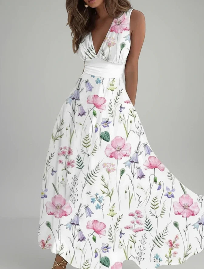 Women's sleeveless floral midi dress with a flattering V-neck and A-line cut, great for elegant summer fashion.