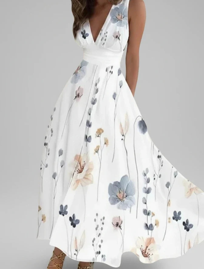 Chic women's elegant floral V-neck A-line midi dress, versatile for spring and summer parties or everyday wear.