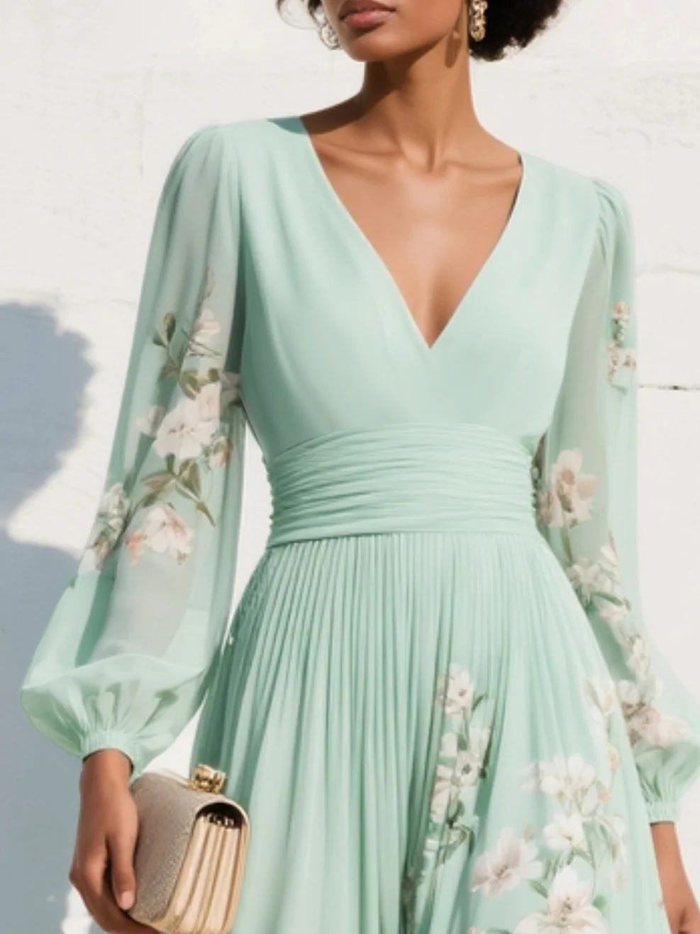 Beautiful women's floral midi dress with V-neck & long sleeves. Elegant design for various occasions.