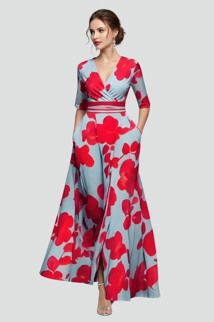 Flowy Women's Floral V-Neck Maxi Dress with a stunning print, perfect for summer, comfort, and style.