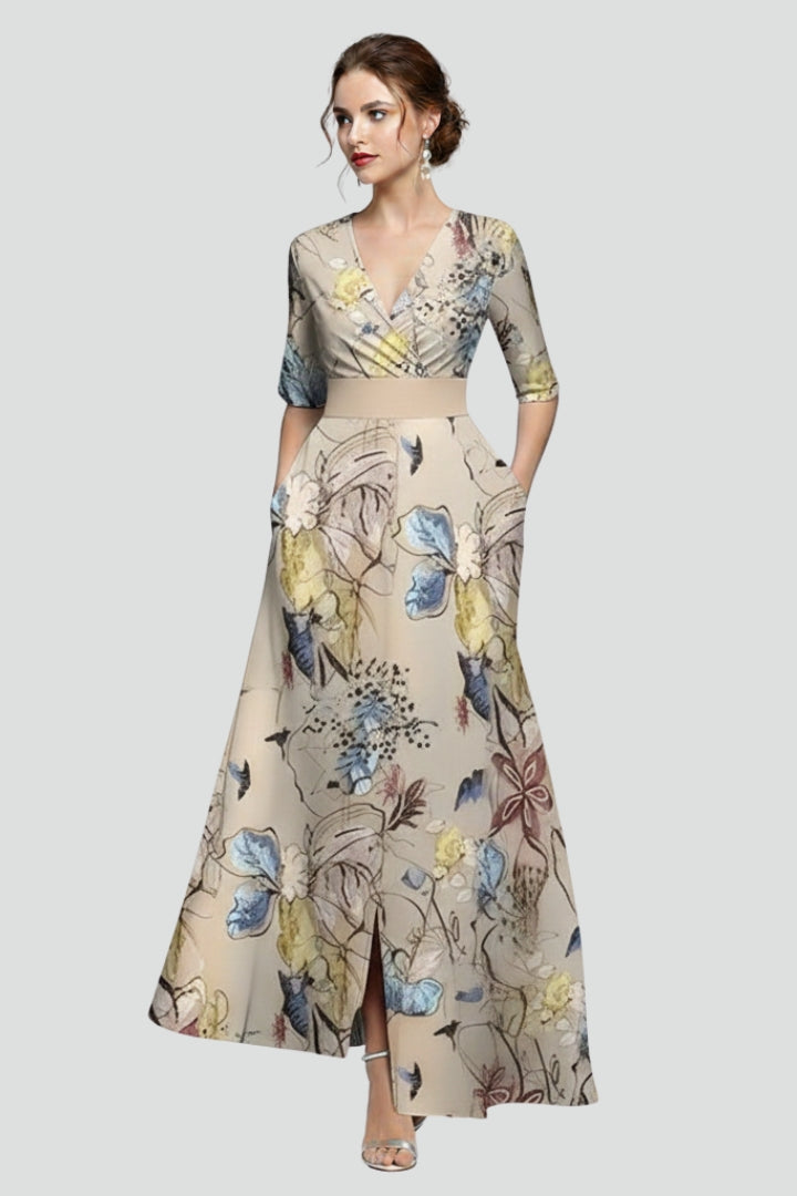 Casual Women's Floral Maxi Dress with a graceful V-neck, offering a comfortable and stylish option for summer.