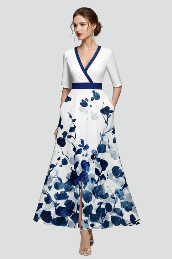 All-season Women's Floral V-Neck Maxi Dress, a long and elegant printed dress with a flattering, flowy design.