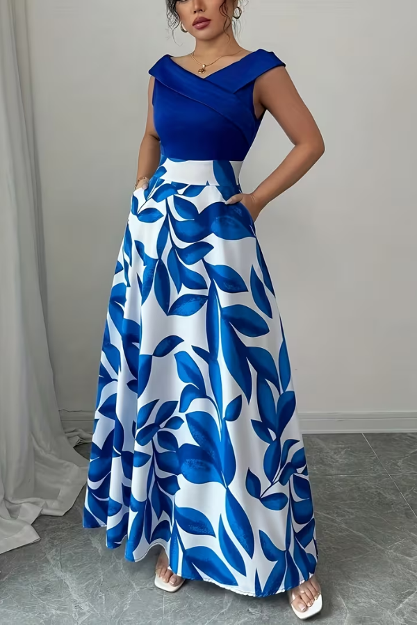 Elegant women's floral V-neck maxi dress with A-line silhouette and practical pockets, perfect for summer.