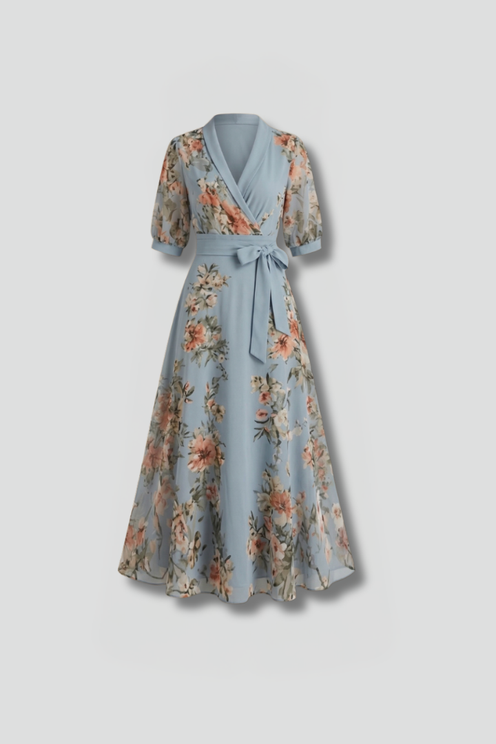 Elegant women's floral V-neck midi dress with short sleeves, perfect for summer casual or spring day wear.