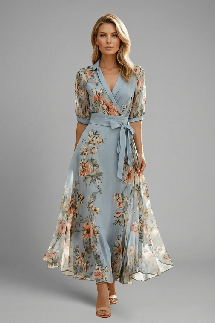 Flowy women's floral midi dress with V-neck, short sleeves. Ideal for effortless summer style & day events.