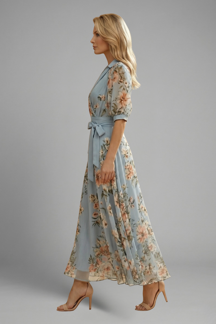 Chic patterned floral V-neck midi dress for women. Short sleeve summer casual dress with an elegant, flowy cut.