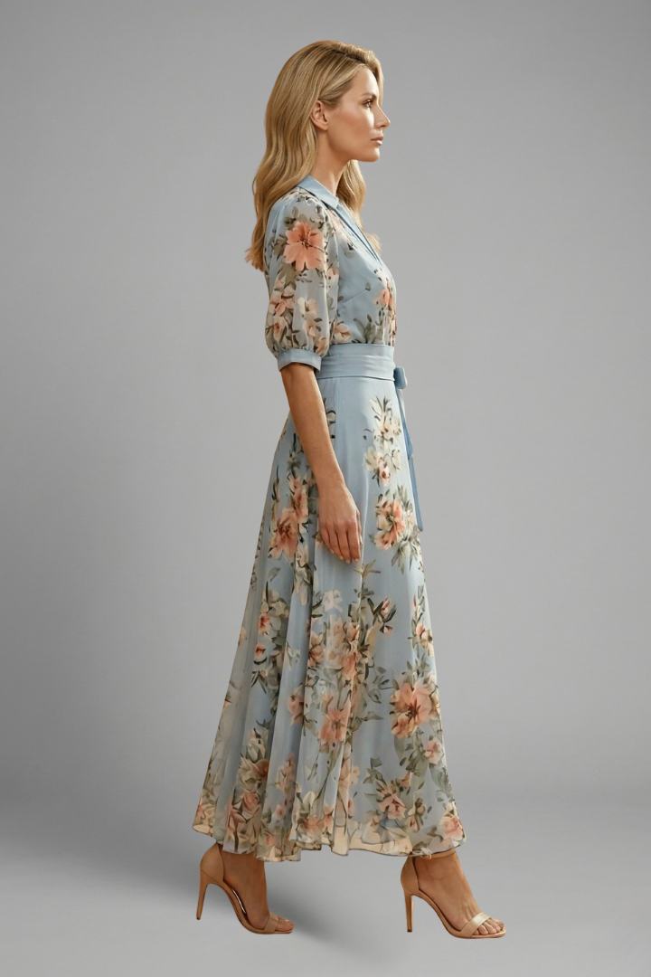 Comfortable women's floral midi V-neck dress, short-sleeved. A perfect patterned spring or summer day dress.