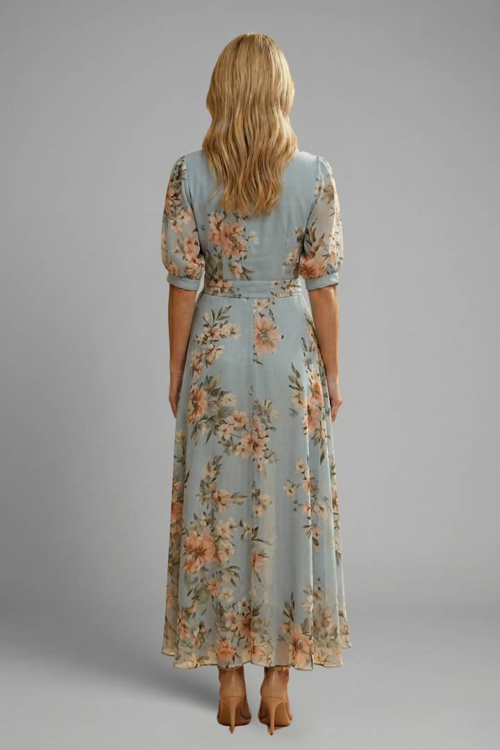 Feminine V-neck floral midi dress for women, with short sleeves. A versatile patterned summer & spring casual dress.