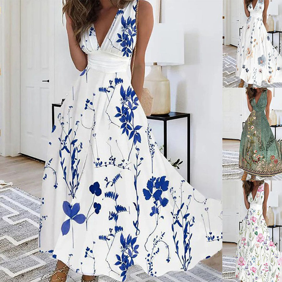 Chic floral V-neck sleeveless maxi dress, a versatile piece for any elegant summer occasion