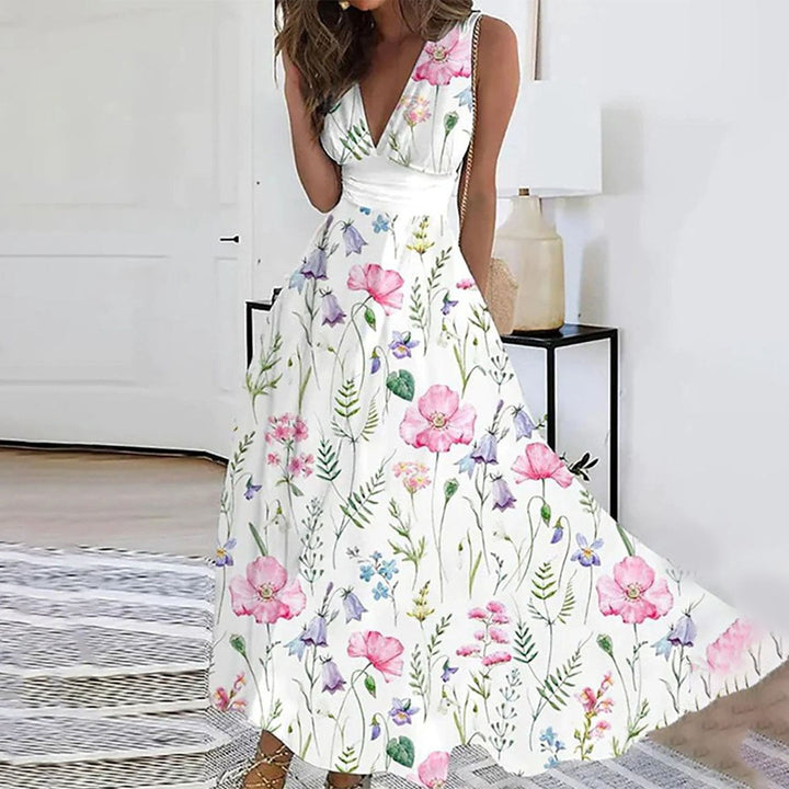 Beautiful women's floral print V-neck maxi dress, a comfortable and stylish sleeveless summer dress
