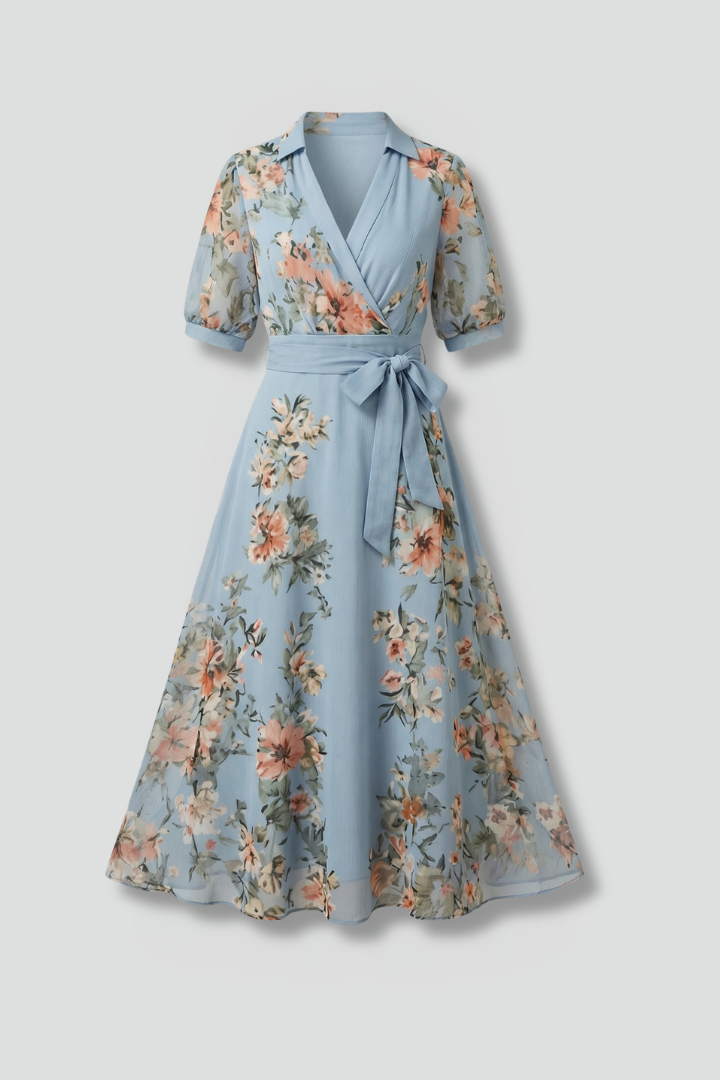 Elegant women's floral V-neck wrap maxi dress with a tie waist and short sleeves, perfect for summer casual wear.
