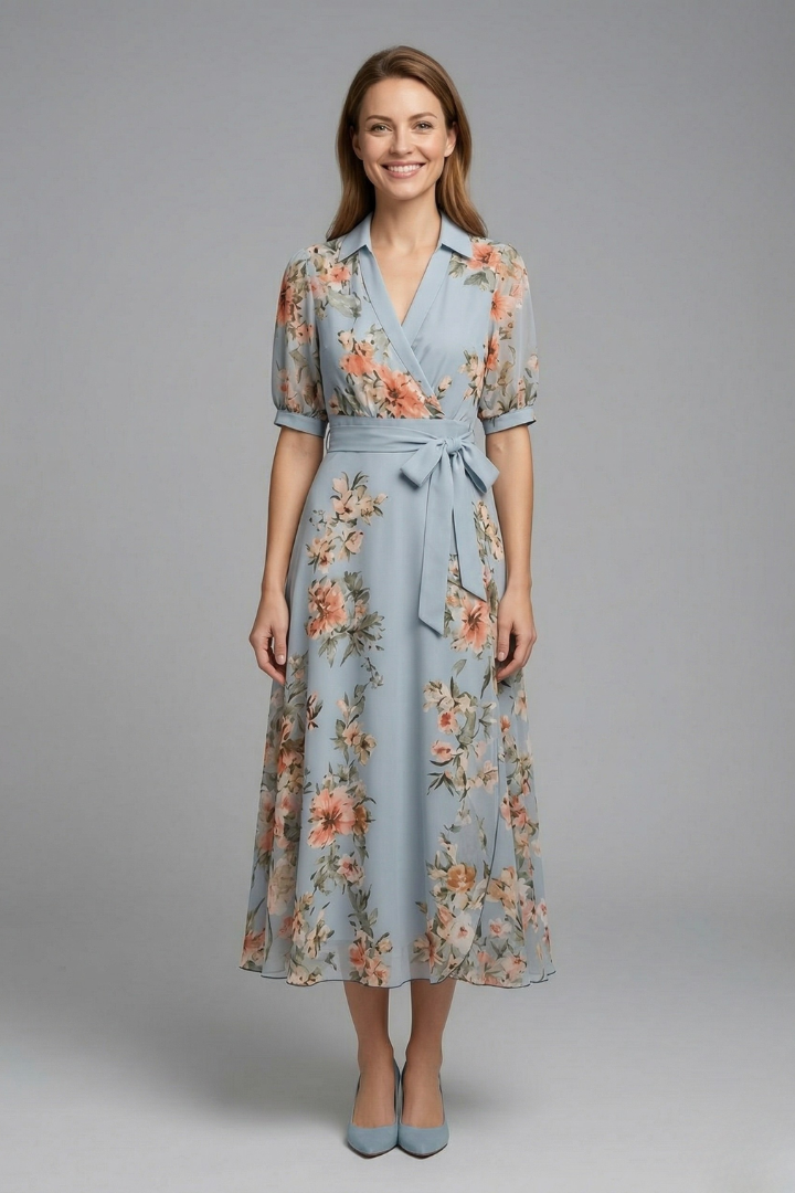 Beautiful floral print V-neck maxi wrap dress for women, ideal as a stylish summer or casual elegant dress.