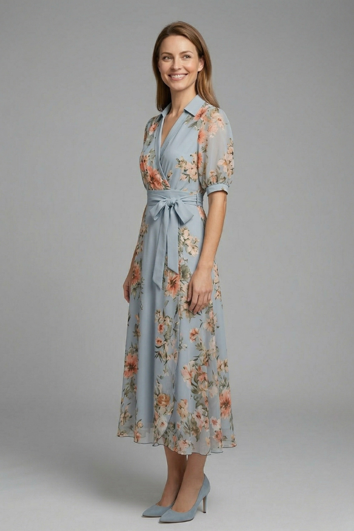Women's summer floral V-neck maxi wrap dress featuring a flattering tie waist and comfortable short sleeves.