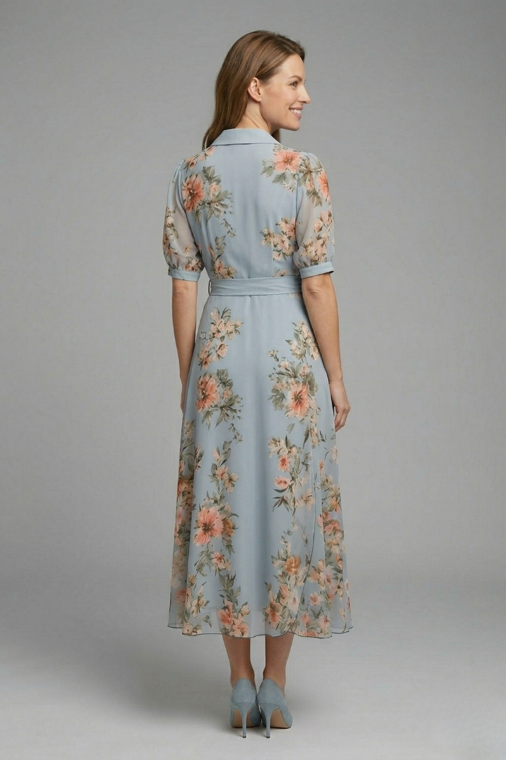 Flowy women's floral V-neck wrap maxi dress with a tie waist, a perfect elegant summer dress for any occasion.