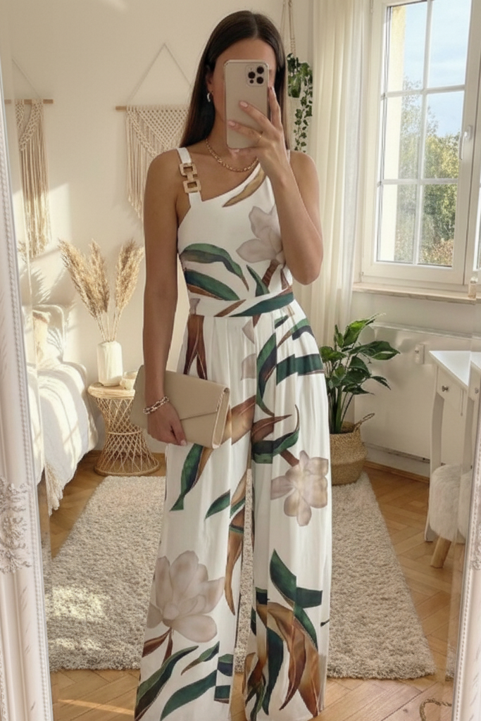 Elegant women's floral wide-leg jumpsuit, perfect for summer parties, spring outfits or vacation wear.